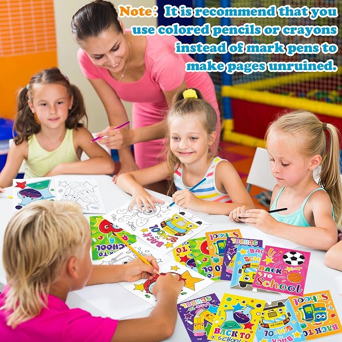 Dvbonike 24Pcs Back to School Coloring Books - First Day of School DIY Color-in Pages Pencil Schoolbag Cute Patterns Drawing Booklet Classroom Reward Art Activity Gifts Party Favors Supplies for Kids