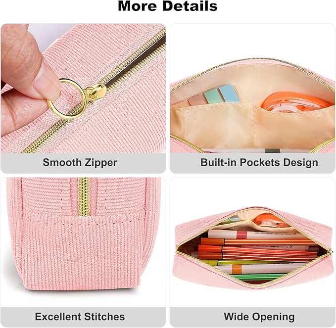FINPAC Pencil Case, Corduroy Aesthetic Makeup Bag, Cute Kawaii Pen Bag Pouch Holder Box Organize for Study, Office, or Travel (Pink)