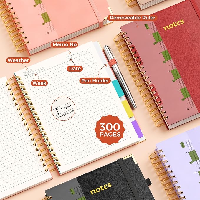 Line Hardcover Spiral Notebook with Removable Dividers Tabs & Ruler, 5 Subject Notebook College Ruled, 300 Page, Large 8"x10" B5 Notebooks for Work School, Lined Journal for Women & Men, Red