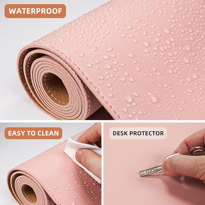 AFIING Leather Desk Pad Protector, Large Mouse Pad, Dual-Sided PU Leather & Natural Cork Desk Mat, Non-Slip Waterproof Laptop Desk Blotter for Office and Home, 23.6" x 13.7",Pink