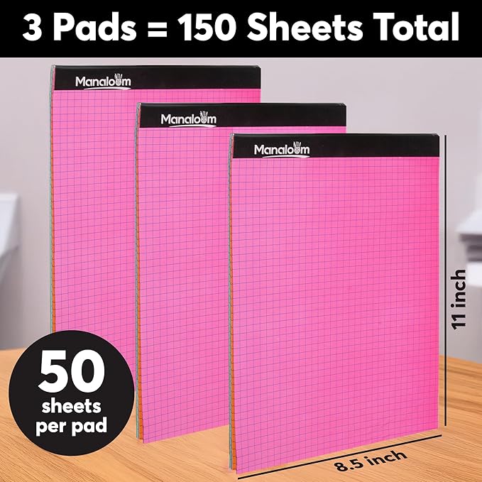 Graph Paper Pad 8.5 x 11 Inch - 3 Pack, 50 Sheets Each (150 Sheets Total) 4x4 Quad Ruled/Grid Notebook, 75 GSM Paper, 5 Colored Pages, Perforated Sheets - for Students,School, Math & STEM (Neon)