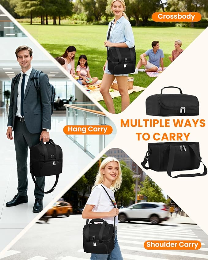 HowFly Lunch Box for Women Insulated Lunch Bag Cute Resuable Leakproof Lunch Box Portable Thermal Meal Cooler Bags for Work Picnic Travel Office (Black Nylon)