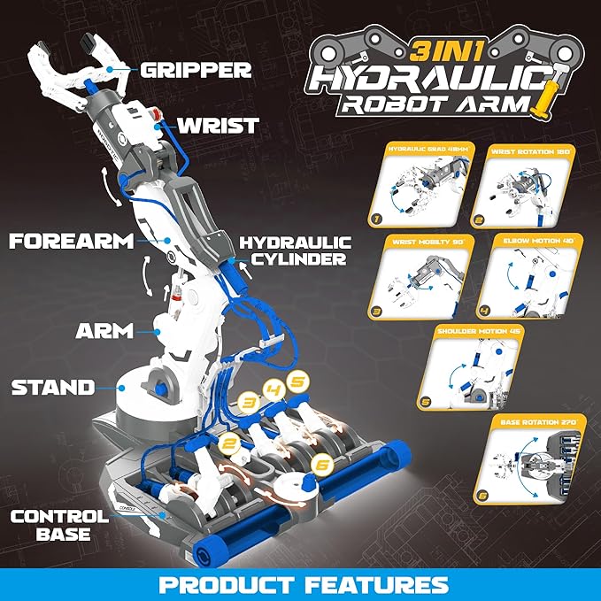 SMIESSKIDDO 3 in 1 Hydraulic Robot Arm - 220 Pcs STEM Building Toys with 4-Jaw Grab, Suction & Tongs for Kids 8-12 | No Batteries Needed Engineering Gift for Boys & Girls Ages 9 10 11 - White