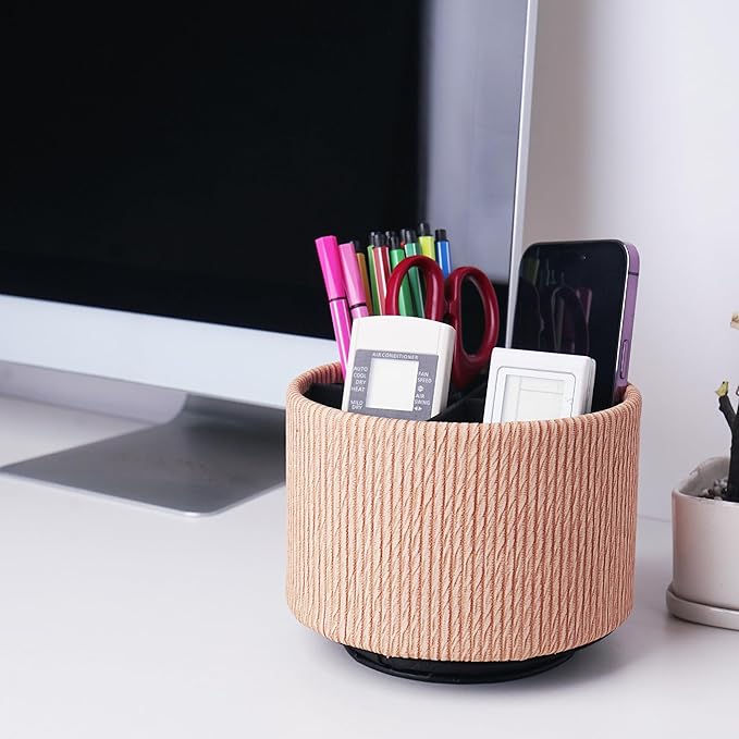 Round Leather Art Supply Organizer,Remote Control Holder,360 Degree Spinning,Multi-Functional Pencil Holder,4 Compartments Desktop Stationary Organizer(1-Wood Apricot)