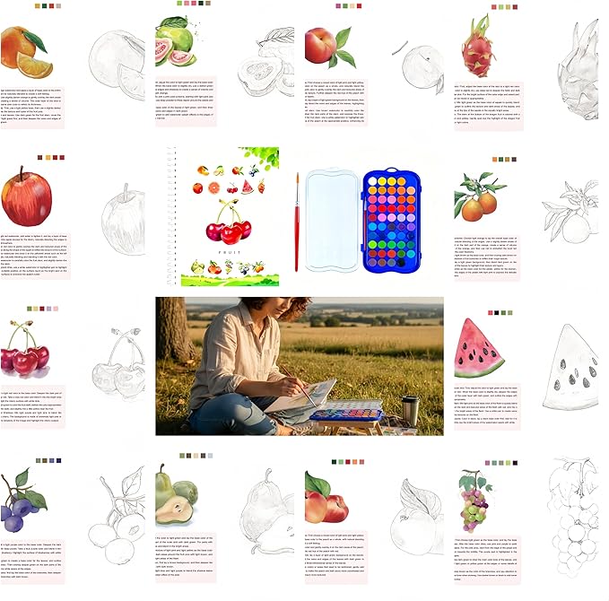 48 Colors Watercolor Book with Paint，Beginner Watercolor Workbook Kit, Watercolors Workbook (Fruit -48 Colors)