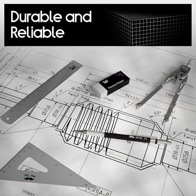 Mr. Pen- Professional Geometry Set, 17 pcs, Metal Compass, Mechanical Pencils, Rulers, Protractor & Set Squares, Lead Refills, Extra Screws & Needles, Drafting Kit for Math, Engineering & Architecture