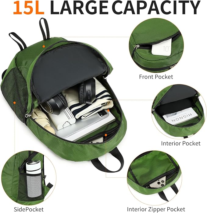 Small Hiking Backpack Travel Lightweight Hiking Packable Daypack Water-Resistant Foldable Backpacks 15L for Travel Women Men Camping (Deep Green)