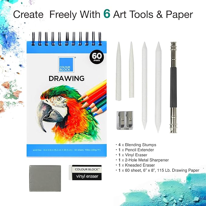 COLOUR BLOCK Drawing Travel Art Set - 60 sheets 6 x 8 Inches Drawing Pad,16 wood Colored Pencils, 12 Soft Pastels Set, 2 Sketching Pencils, and 8 Assorted Tools