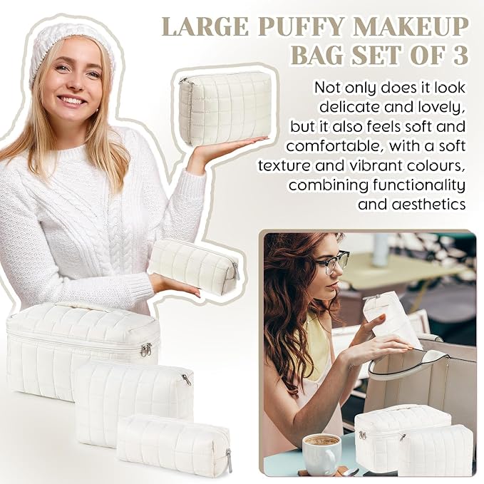 Huhumy 3 Pcs Large Puffy Makeup Bag Set Quilted Cosmetic Pouch for Women Cute Checkered Travel Toiletry Bag Puffer Makeup Organizer Purse Pouch Preppy Pencil Case with Zipper Valentine Gift(White)