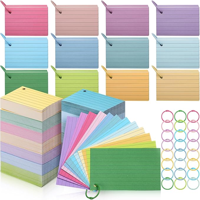 Ctosree 1440 Pcs Back to School Gifts Colored Index Cards with Binder Ring Ruled Flash Cards 12 Color Lined Note 56lb Cover for Studying Memory Office School(3 x 5 Inch,Fresh Color)