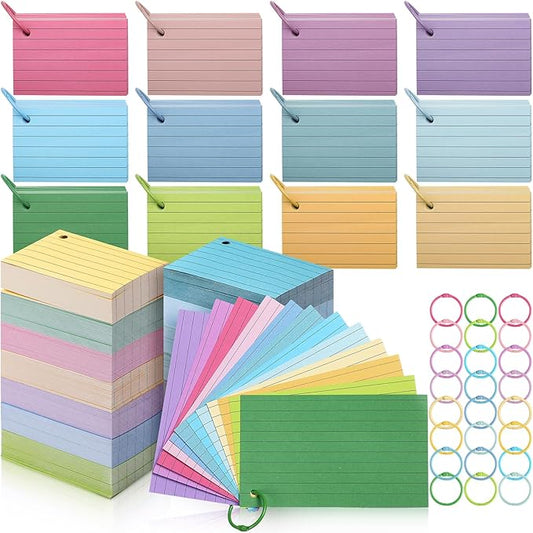 Ctosree 1440 Pcs Back to School Gifts Colored Index Cards with Binder Ring Ruled Flash Cards 12 Color Lined Note 56lb Cover for Studying Memory Office School(3 x 5 Inch,Fresh Color)