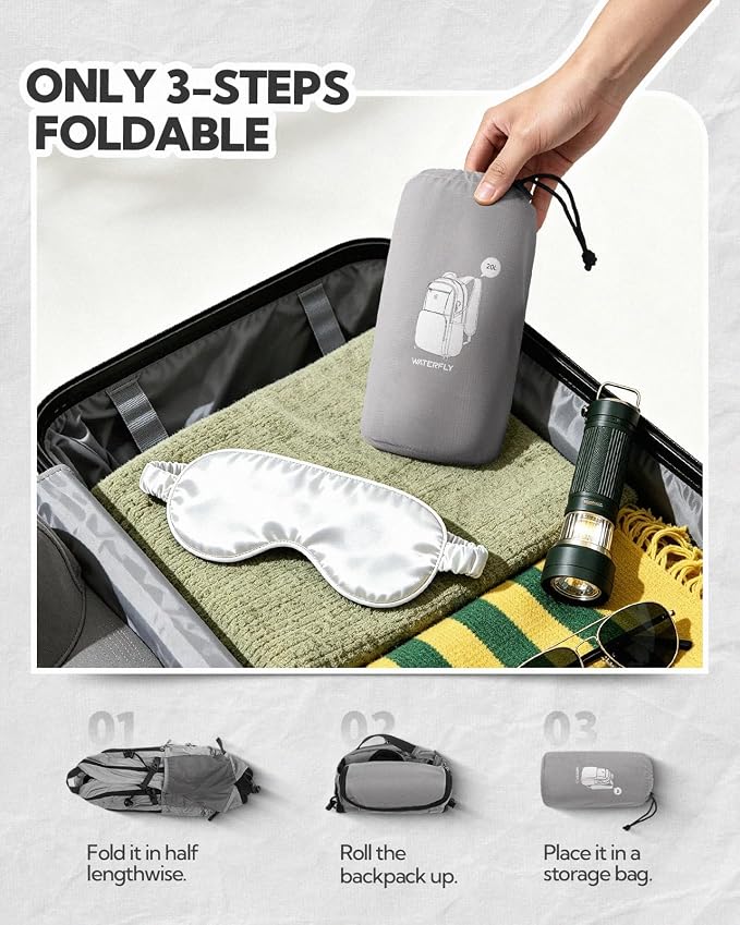 WATERFLY Packable Hiking Backpack, 20L Small Lightweight Foldable Daypack | Phone Pocket, Only 3 Steps Foldable, Breathable Shoulder Strap, Comfortable Folding Bag Pack for Women Men Travel Outdoor