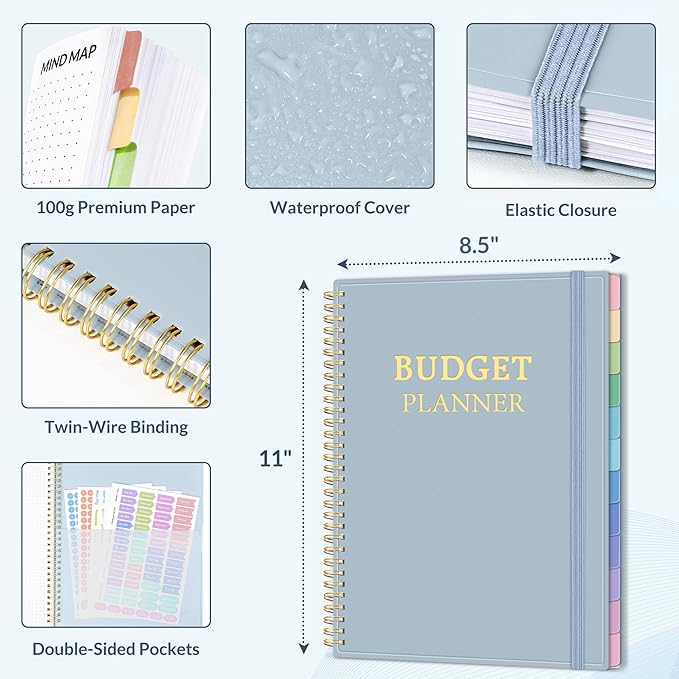 SUNEE Budget Planner - Monthly Budget Book with Expense Tracker Notebook, Undated 12 Month Bill Organizer & Finance Planner to Manage Your Money, A5 (6.4" x 8.3") Account Book with Colorful Tab, Blue