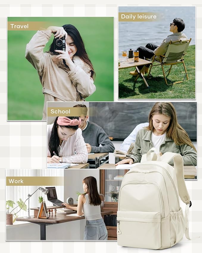 winspansy Backpack for School Teenage Girls Boys,Waterproof Lightweight School Bags Travel Daypack Simple Cute College Backpack Rucksack for Women Men fit 14 Inch Laptop,Beige
