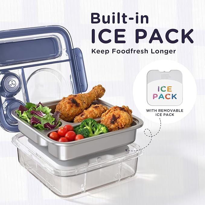 Stainless Steel Bento Lunch Box for Kids Adults with 8oz Insulated Food Jar, Leak-proof, Dishwasher-Safe, Transparent Lid with Sauce Cup and Cutlery Storage for School & Travel,BPA-Free(Blue)