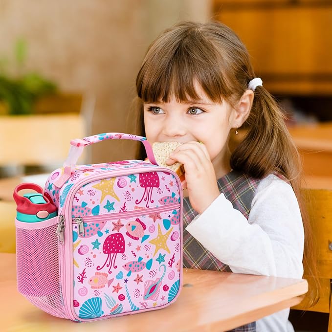 Bagseri Kids Lunch Box for Girls - Insulated Toddler Lunch Bag Fits Bento Box, Reusable Daycare Cooler Tote with Clip Handle, Water-Resistant Lining, Pink Sea World