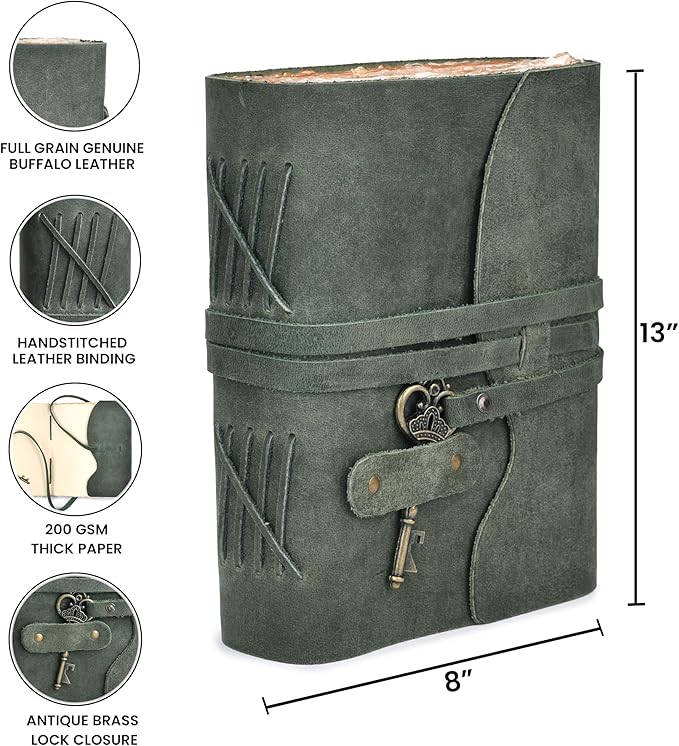 LEATHER VILLAGE Vintage Leather Journal – 200 Handmade Vintage Deckle Edge Paper – Leather bound Journal For Women Men – Vintage Key Closure - Book of Shadows - Aqua - 13X8 inches