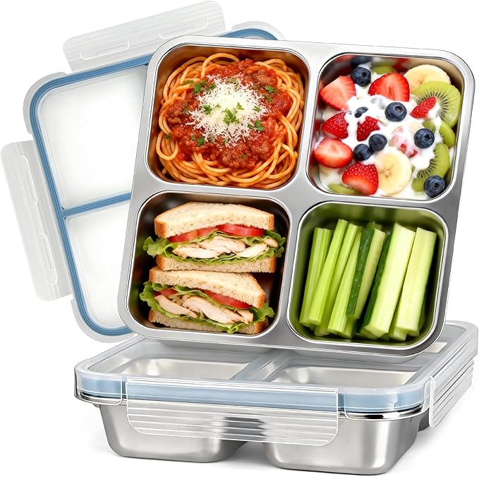 2 Pack Stainless Steel Snack Containers, Leakproof 4 Compartment Meal Prep Containers with Lids, Reusable Metal Bento Box for Adults Office Travel Gym Lunch Box for Work Dishwasher Safe