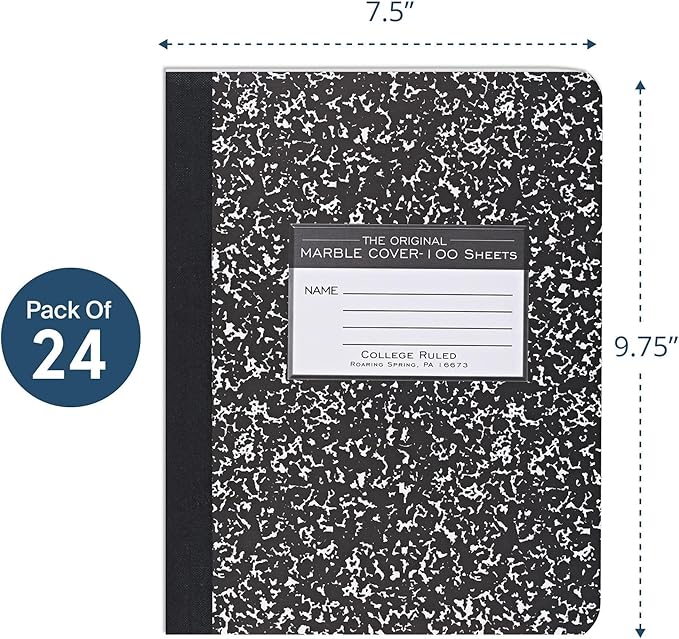 ROARING SPRING Hard Cover Composition Notebook, 24 Pack, Black Marble Comp Book, 9.75″ x 7.5″, College-Ruled with Margin, 100 Sheets (200 Pages), Made in USA