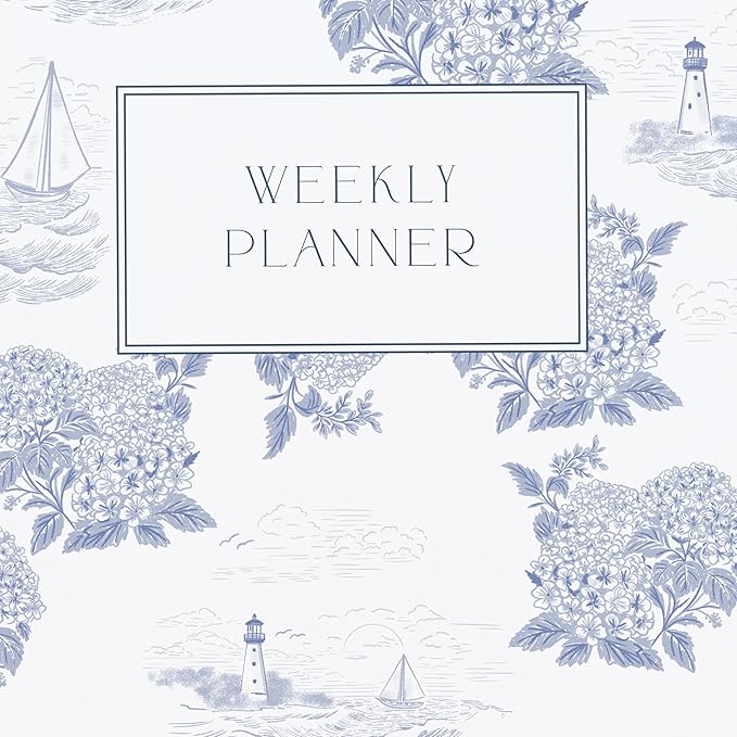Minted Coastal Toile 2026 Weekly & Monthly Undated Planner, 5.5" x 8.5" Blue Nautical Spiral Bound Planner Notebook, 132 Pages, Undated Monthly & Weekly Layouts for Home or Office
