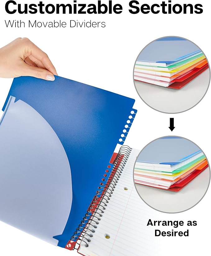 Dunwell 5-Subject Spiral Notebook, College Ruled (Red), Colorful Movable Pocket Dividers with Tabs, Front/Back Plastic Covers, 200 Sheets (400 Pages) of 3-Hole Punch Perforated 8.5x11 Paper