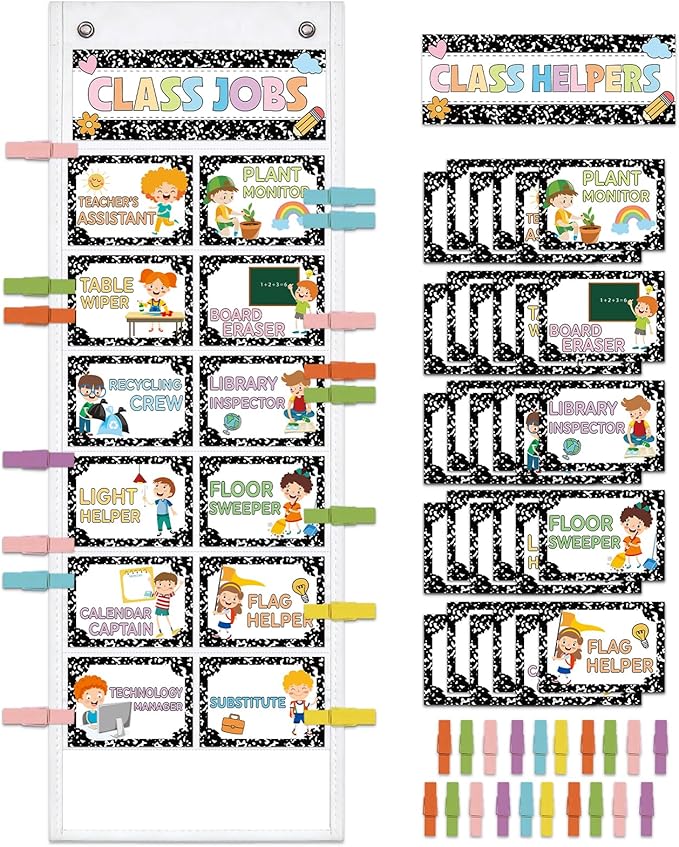 JarThenaAMCS Composition Notebook Class Jobs Pocket Chart Back to School Class Management Teacher's Helpers Pocket Chart with Clips Card for Preschool Classroom Must Haves Daily Schedule Supplies