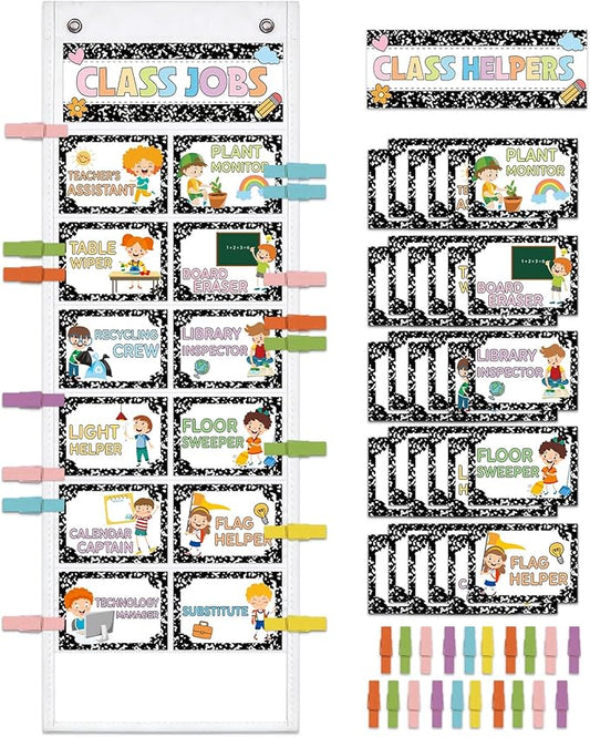 JarThenaAMCS Composition Notebook Class Jobs Pocket Chart Back to School Class Management Teacher's Helpers Pocket Chart with Clips Card for Preschool Classroom Must Haves Daily Schedule Supplies