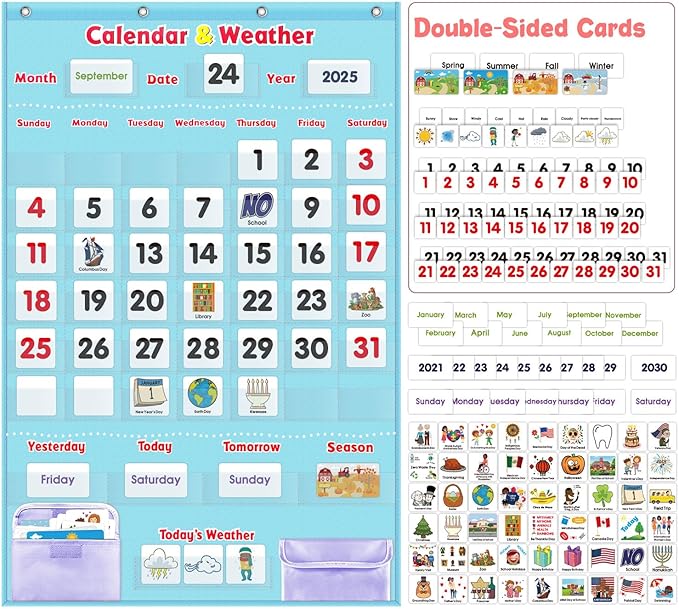 Morning Board Calendar for Toddlers - Preschool Learning Wall Chart for Classroom & Homeschool Interactive Educational Calendar with Pockets for Weather, Days of The Week, Seasons (Light Blue)