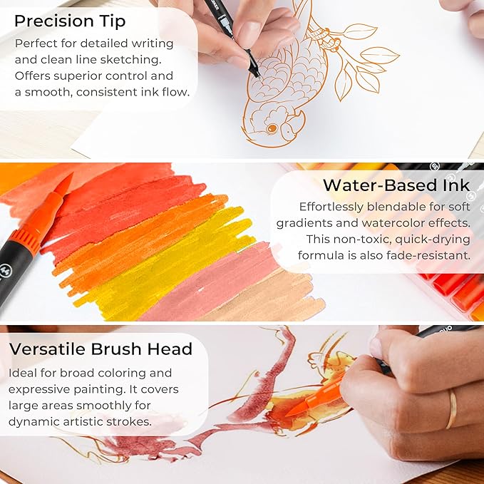 ZSCM Orange Duo Tip Marker Pens, 12 Pack Fine & Brush Markers for Adult Coloring Books No Bleeding, Sunset Orange Markers for Autumn Scenes, Citrus Fruits, Vibrant Fills and Energetic Artworks