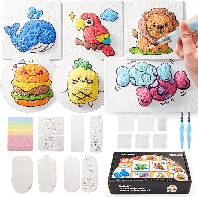 Shuttle Art 68 Pcs Magic Foam Texture Painting Refill Paper Kit - 60 Sheets of Upgraded Foam Texture Paper for a Magical 3D Effect