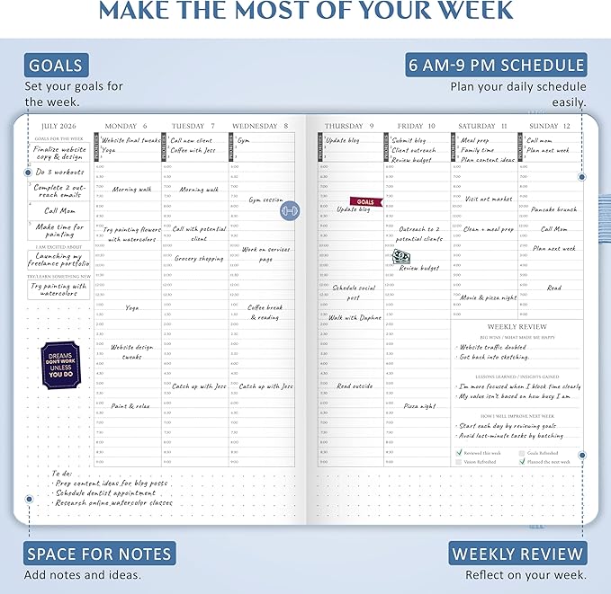 Legend Dated Hourly Weekly Planner 2026 – Daily, Monthly & Yearly Agenda with Time Slots – Hardcover Organizer Journal, 5.8x8.3” (Periwinkle)