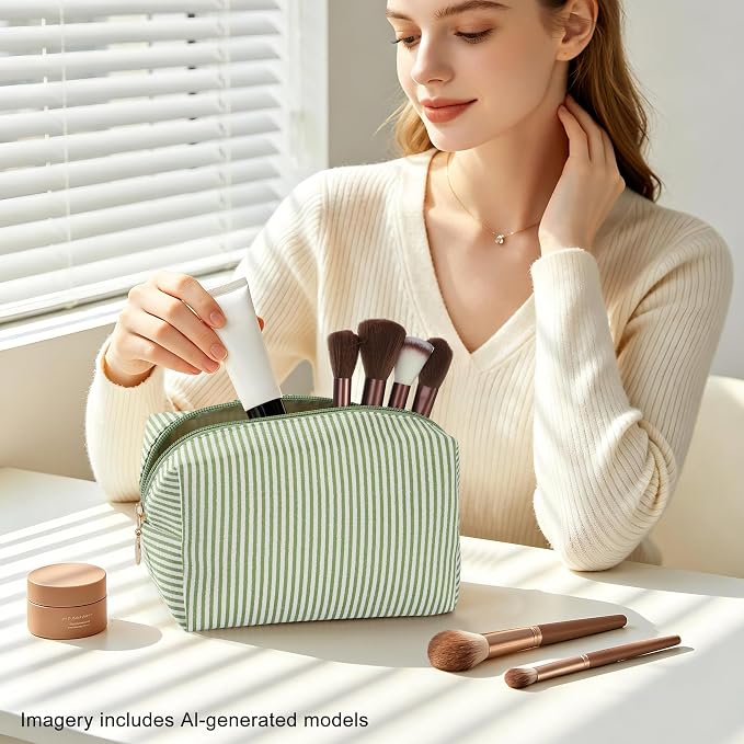 Makeup Bag Set for Women, 6PCS Travel Cosmetic Bags Pencil Case, Striped Seersucker Toiletry Organizer Pouches, Cute Makeup Pouch for Purse, Accessories and Gifts, Green