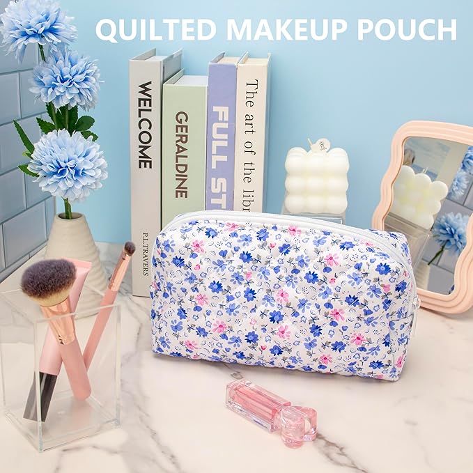 PAZIMIIK 6PCS Vintage Quilted Makeup Bag SET Cosmetic Pouch for Brushes Pencils and Travel Make Up Accessories for Women and Girls Flower Blue