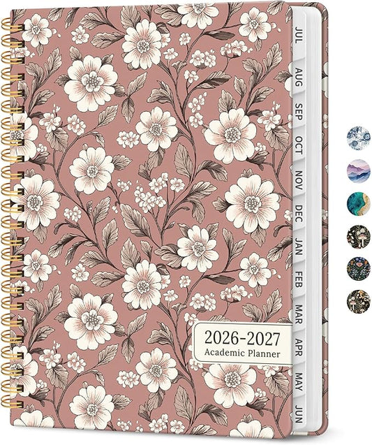 Planner 2026-2027, Academic Monthly and Weekly Calendar Planner for Women, July 2026 - June 2027, Hardcover Pretty Agenda Planner Book with Tabs, Spiral Daily Organizer for School Office Home Supplies, 6.3" x 8.5" - Blush Petals