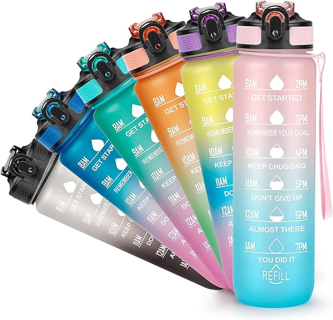 YC Kitchen Motivational Water Bottle with Time Marker - 32oz, Leak-proof BPA Free Sports Water Bottles with Straw & Carrying Strap