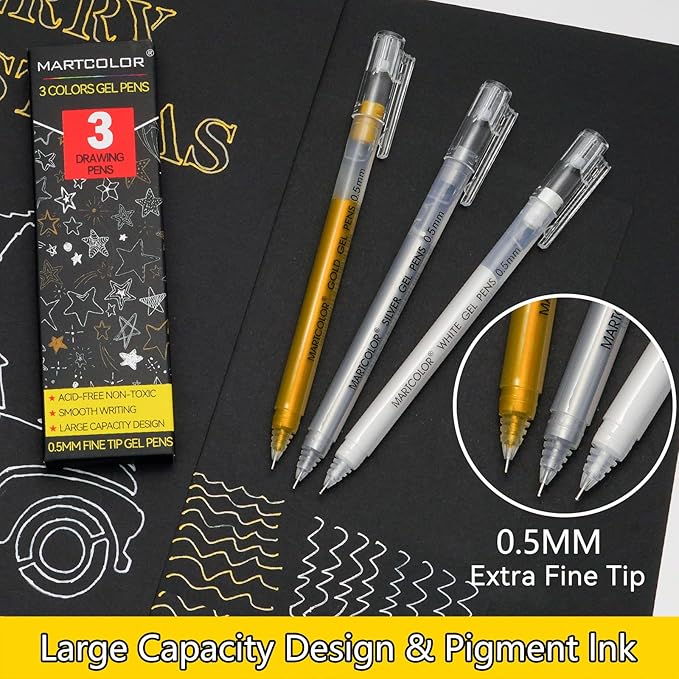 MARTCOLOR Gold Silver White Gel Pens, 0.5mm Extra Fine Point Opaque Archival Ink Pen for Black Paper Drawing, Art Highlight, Illustration, Bullet Journaling, Card Making & DIY Projects, 3 Pack