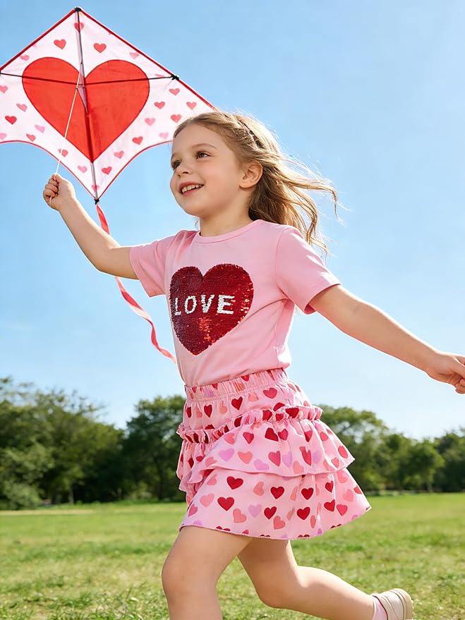 Little Girls Skirt Set - 2 Piece Short Sleeve Top Shirred Tiered Skirt Outfit Girls Spring Summer Clothes 3-8 Years