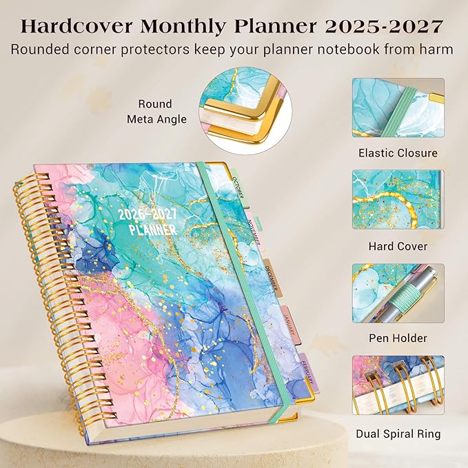 Planner 2025-2027, 21 Months Weekly and Monthly Daily Planner from October 2025 - June 2027, 8.5" x 11" A4 Large Hardcover Agenda Organizer Book 2026 with Tabs, Spiral Yearly Calendar Planners for School Work Home, Pink Blue Marble