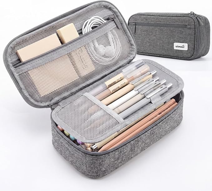 WEMATE Pencil Case, Large Capacity Pencil Pouch, Big Storage Organizer | for Stationery, Zipper Pen Bag, Travel Pen Box, Office Organizer Makeup Bag for Men Women Grey
