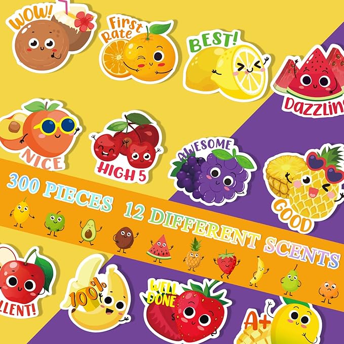 Jetec 300 Pcs Scratch and Sniff Sticker for Kids Smelly Scented Motivational Reward Stickers Teacher Incentive Positive Decal for Student Classroom Chart School Supplies(Fruity)