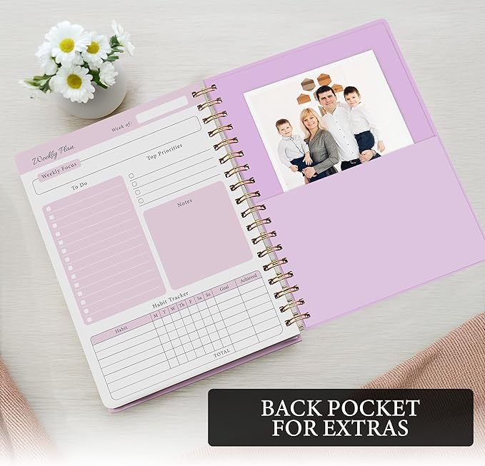 Undated Weekly Planner & Notebook for Work, School & Home — Aesthetic Hardcover Spiral Blank Planner with Habit Tracker, Goal Organizer & To Do List—124 No-Bleed Pages, 6.4×8.5", Purple