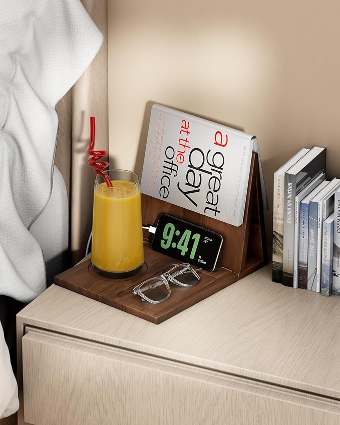 Triangle Book Holder, Book Rest, Acacia Foldable Book Nook Reading Valet, Triangle Book Stand with Cup, Pen, Glasses and Phone Holder for Bedroom, Nightstand or Office, Gifts for Book Lover (Walnut)