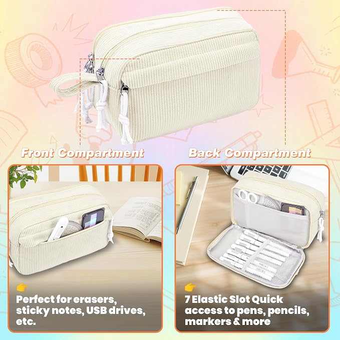 Big Capacity Pencil case,Soft Corduroy Pencil Bag with 3 Compartment,Pencil Pouch School Supplies Cute Pencil Box Pencil Bag for Teen Girls Boys College