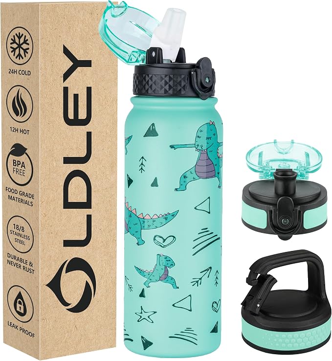 Oldley Insulated Water Bottle 20oz Water Bottles with Straw, Stainless Steel Water Bottle with 3 Lids, Double Wall Vacuum Bottles for Adult Kids, Sports Bottles for School Travel, Cute Dinosaur