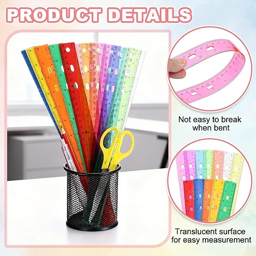 HARFINGTON 12pcs Plastic Rulers 12" (30cm) Clear Straight Ruler Measuring Tool Inches and Centimeters with Hole for Home Office Classrooms Drafting, Clear Pink