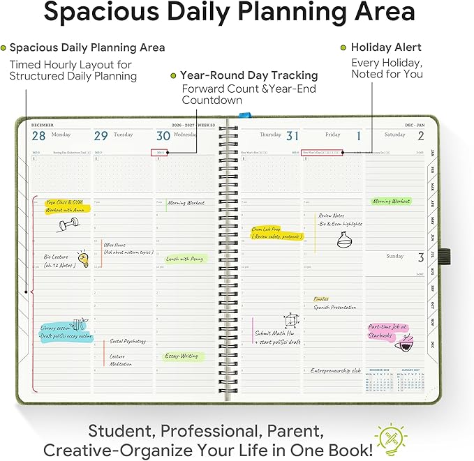 2026-2027 Planner, Daily Weekly Monthly Academic Planner, 18 Months Spiral Bound Agenda, 8.5"x11.5", Vertical Layout, Calendar Planner, Vegan Leather Soft Cover,Green