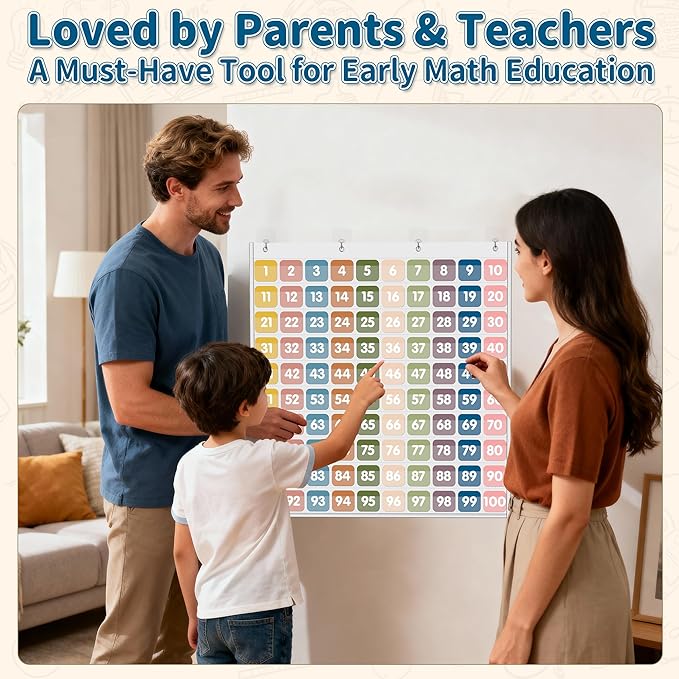 Yoink Hundred Pocket Chart with 100 Pockets and 120 Double-Sided Number Cards, Boho Number Pocket Chart for Kids Classroom Home Kindergarten, White
