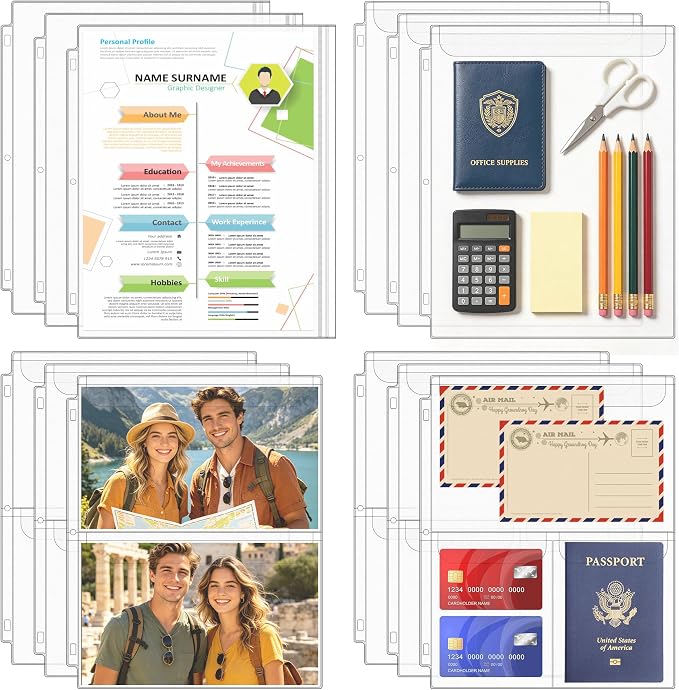 12PCS Letter Size Binder Pockets, 3-Hole Loose Leaf Insert Bag