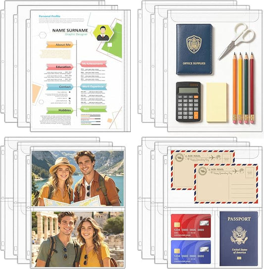 12PCS Letter Size Binder Pockets, 3-Hole Loose Leaf Insert Bag