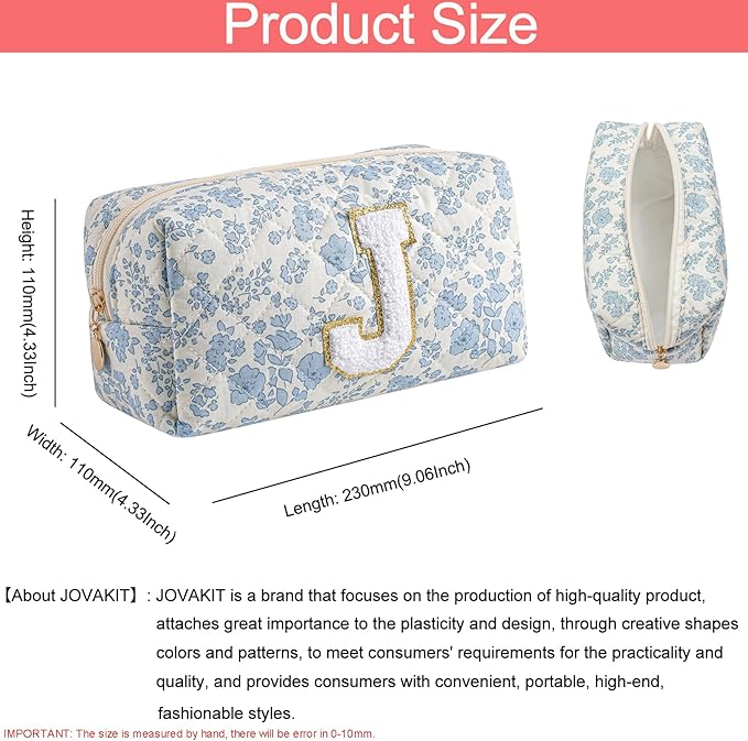 JOVAKIT Alphabet Makeup Bag Cosmetic Bag for Women, Christmas Gifts for Girls Age 6-18, Floral Flowers Coquette Travel Toiletry Zipper Make Up Pouch Organizer Trendy Stuff (Blue Floral J)